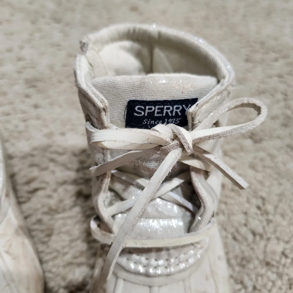 Sperry Top Sider Saltwater Duck Boot Pearlized Shiny Ivory White Girl's Size 10
